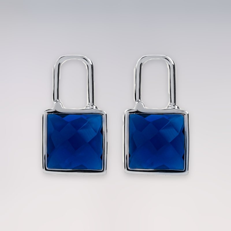 Metal Lock Blue Stone Silver Earrings