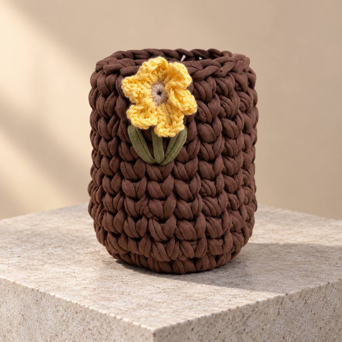 Brown Crochet Vase with Yellow Flower