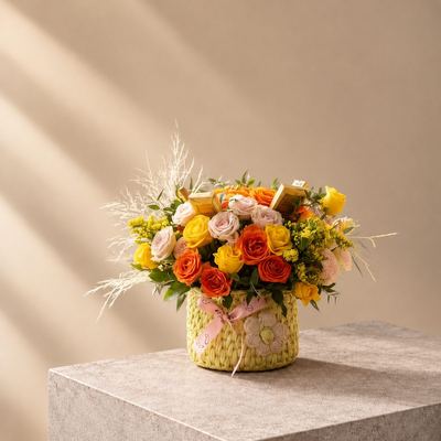 Yellow Crochet Vase with Baby Roses